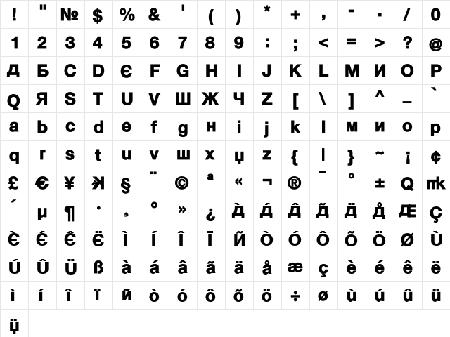 KyrillaSansSerif-Black Regular  glyph index
