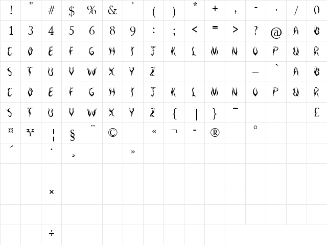 Royal Inferno Regular  glyph index