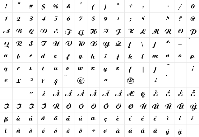 Jaclyn Regular  glyph index
