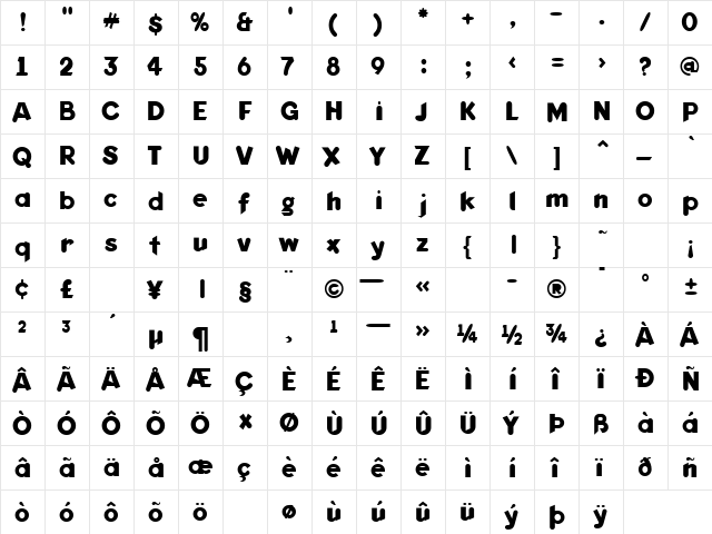 KeedySansBold Bold  glyph index