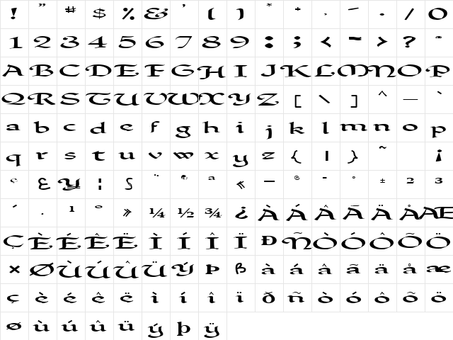 ClarkNorm107 Regular  glyph index