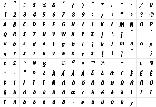 LimerickCond-Serial BoldItalic  glyph index