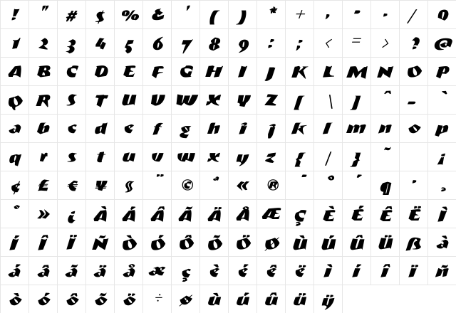 MeteorRegular Regular  glyph index