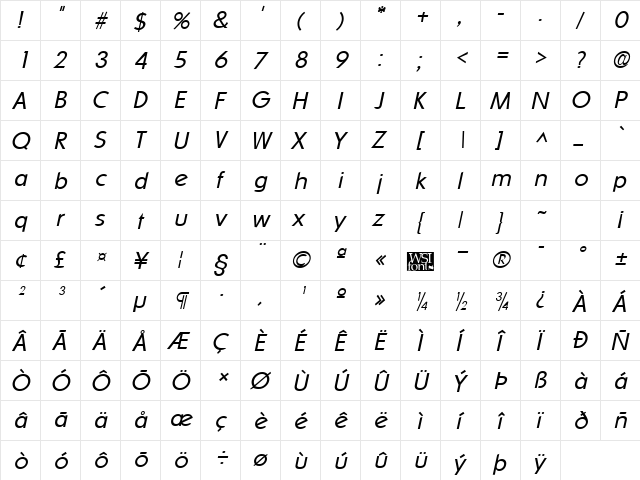 SharnayLight Italic  glyph index