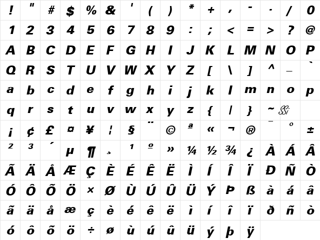 Nova Black SSi Extra Bold Italic  glyph index