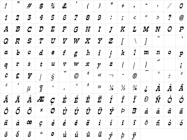 Expose Condensed Italic  glyph index