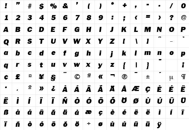 Plymouth-Serial-Black RegularItalic  glyph index