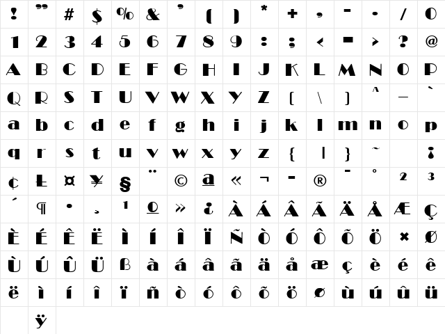 Broadway DB Regular  glyph index