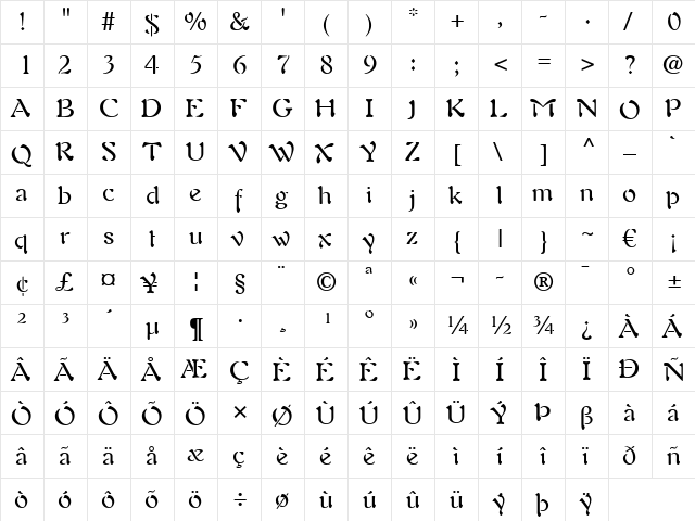 Auriol LT Regular  glyph index