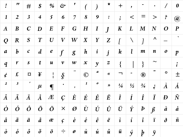 Dante MT Std Bold Italic  glyph index