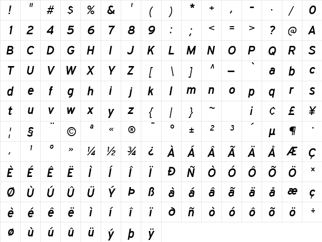 Expressway SemiBold Italic  glyph index