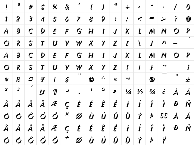 Umber Italic  glyph index