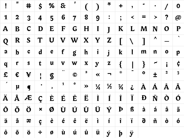 Biblon ITC Bold  glyph index