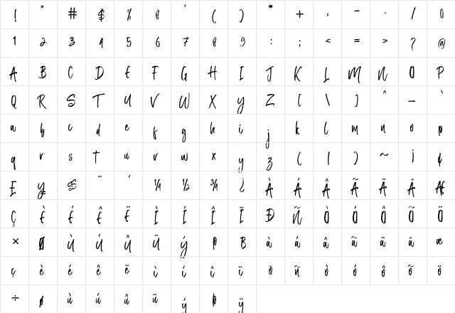 Ratherbe Regular  glyph index