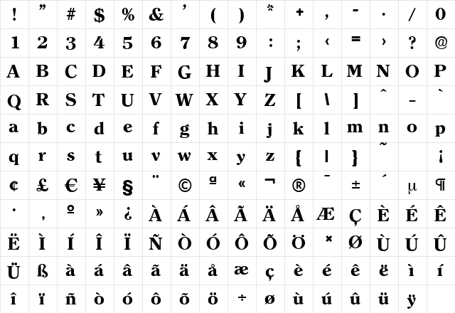 ClearfaceSerial-Xbold Regular  glyph index