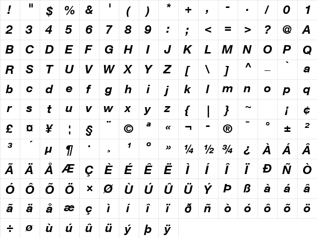 Helvetica Neue LT Com 76 Bold Italic  glyph index