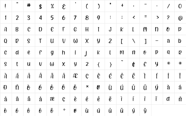 Pithick Crispy Regular  glyph index