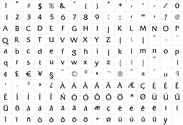 QuadratSerial-Light Regular  glyph index