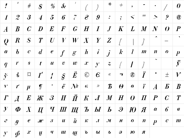 ELIZ_AZ_PS Italic  glyph index