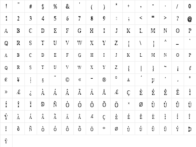 Maranallo High Regular  glyph index