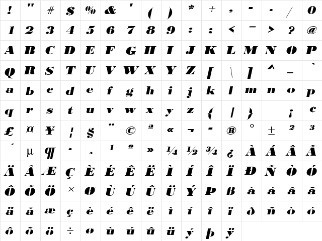 URWBodoniDExtBolExtWid Oblique  glyph index