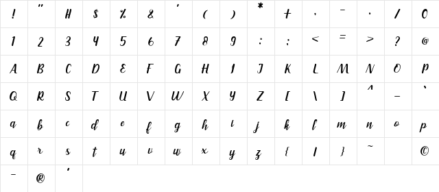 Rainbay Regular  glyph index