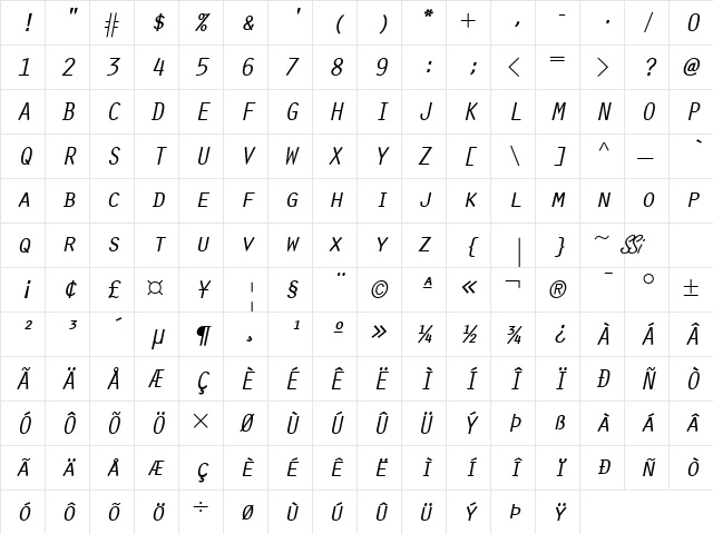 Scribe SSi Italic Small Caps  glyph index