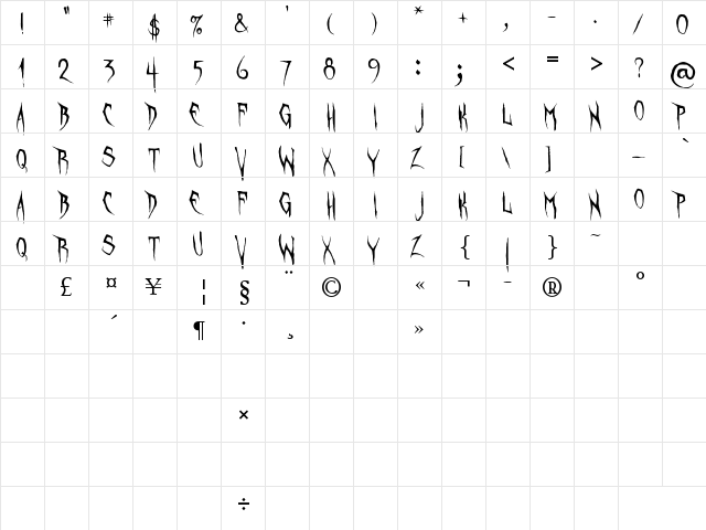 Unquiet Spirits Regular  glyph index