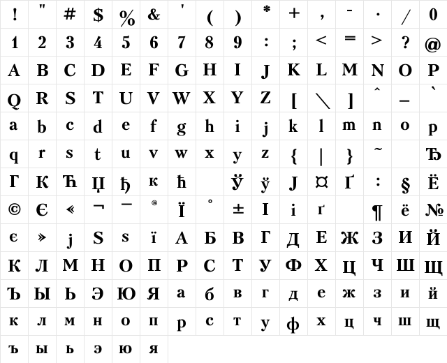Kudriashov Bold  glyph index