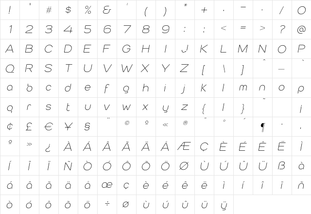 CabourgLight Oblique Regular  glyph index