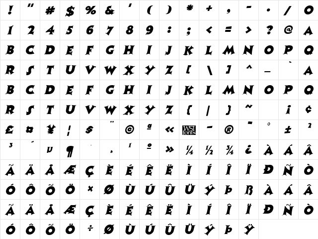 Coaster Italic  glyph index