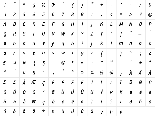 PF Handbook Pro Italic  glyph index