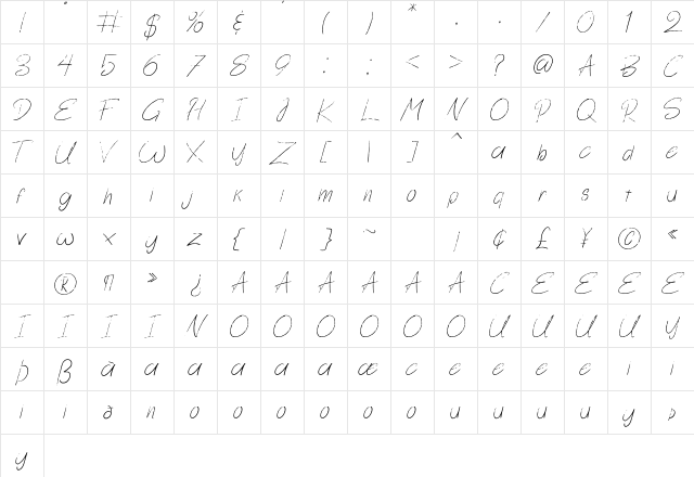 Nosa Regular  glyph index