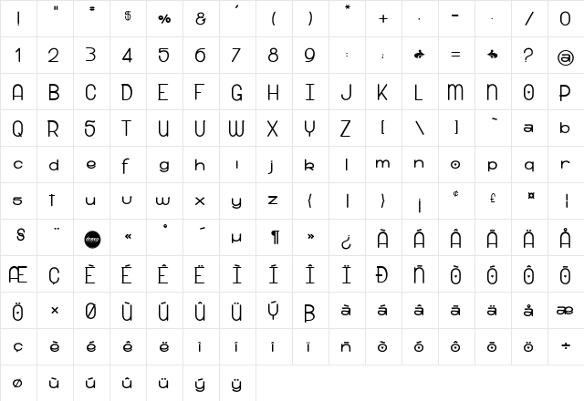snow riders xo Regular  glyph index