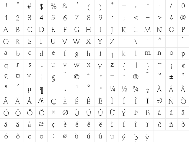 StempelSchneidler LT Light Regular  glyph index