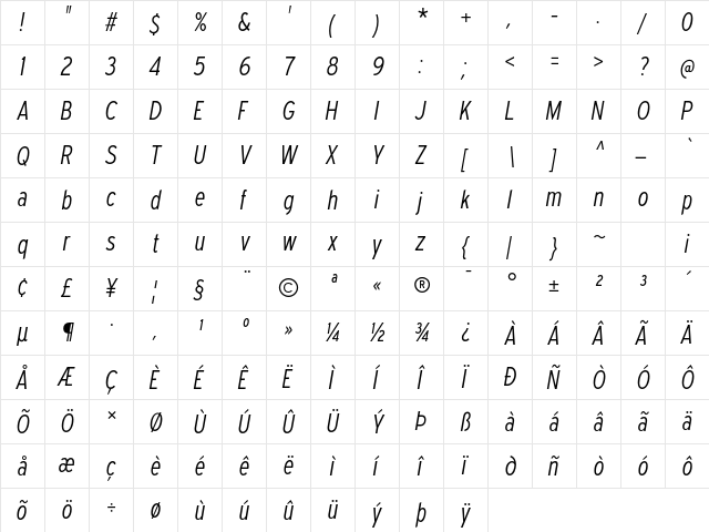 Expressway Cd Lt Italic  glyph index