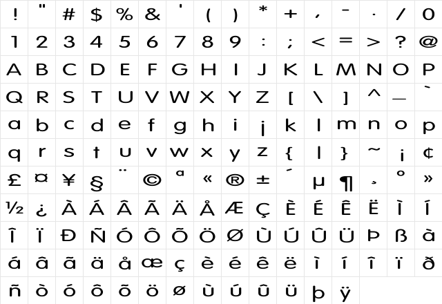 VAGRounded-Light Ex Regular  glyph index