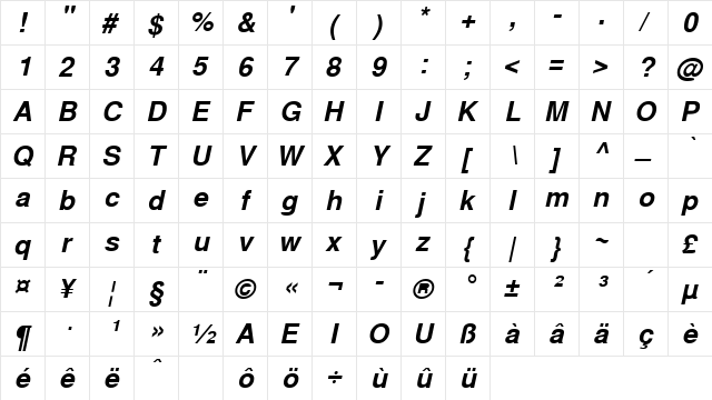 GreekSansSSK BoldItalic  glyph index