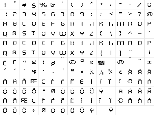 DigifaceWide Regular  glyph index
