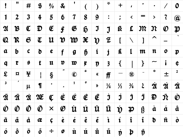 Ballade UNZ1 Bold  glyph index
