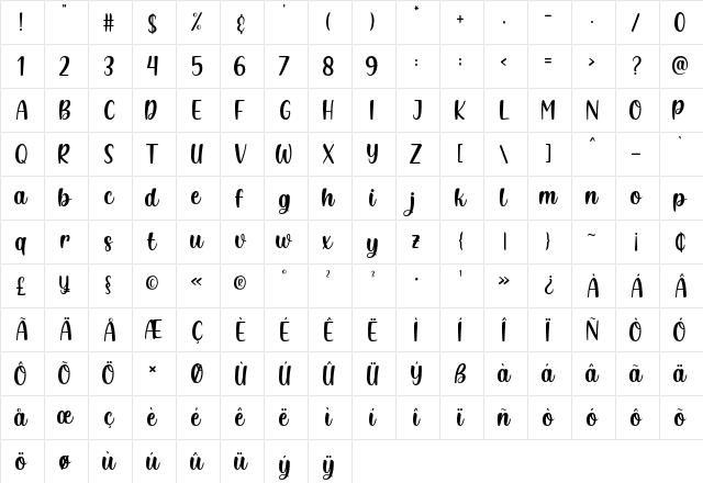 Showlove Regular  glyph index