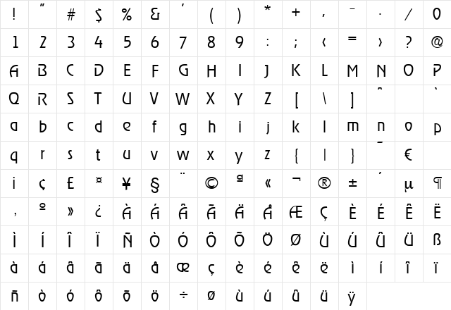 Ragtime-Light Regular  glyph index