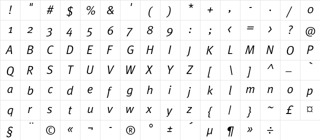 MetaNormalC Italic  glyph index