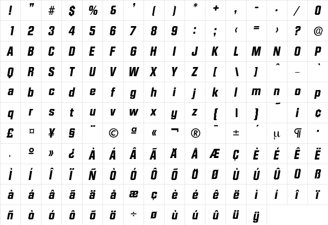Diamante-BoldIta Regular  glyph index