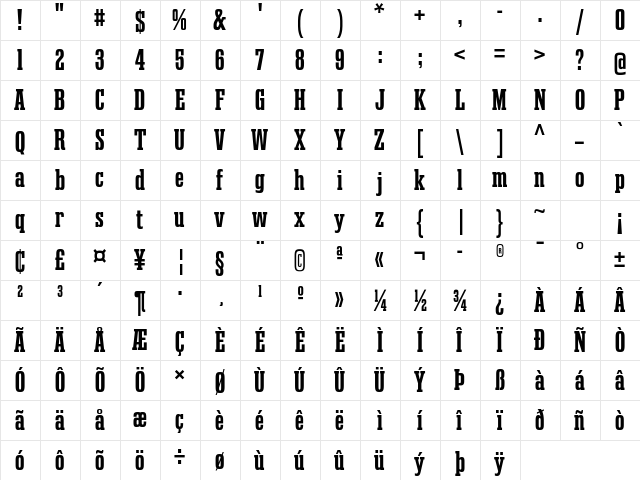 Gravtrac Condensed Bold  glyph index