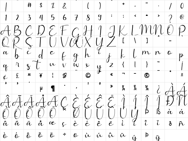 Benillia Regular  glyph index