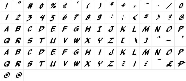 Yew Basturd Italic  glyph index