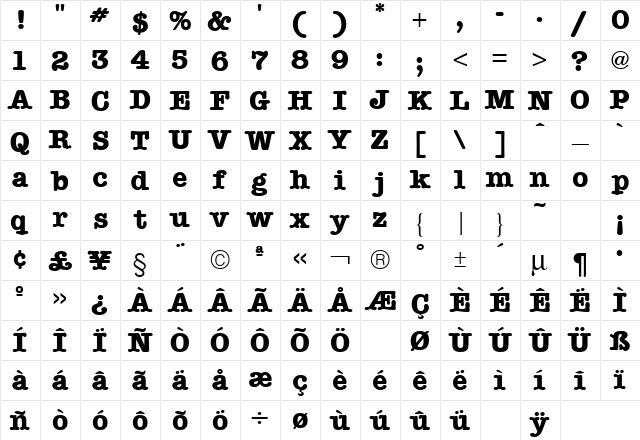 American Type Bold  glyph index