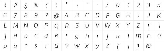 Brevia LightItalic Regular  glyph index