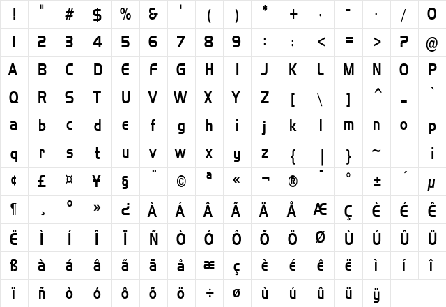 Hanzel Thin Normal  glyph index